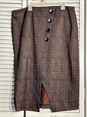 NWOT Dex Plaid Midi Pencil Skirt in Brown & Black Size Large- elastic waist